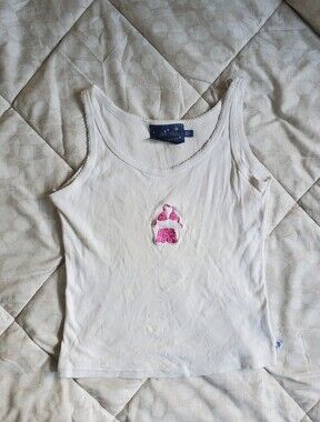 White Womens Tank Top  with Pink Embroidery Size S/P